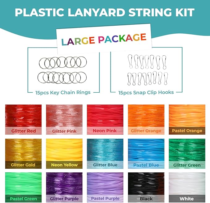 Darice Lanyard Kit - 15 Pack Plastic Gimp String With Assorted Colors - Glitter and Solid Boondoggle for Weaving - Lacing Cord for Bracelets, DIY Keychains, Crafts