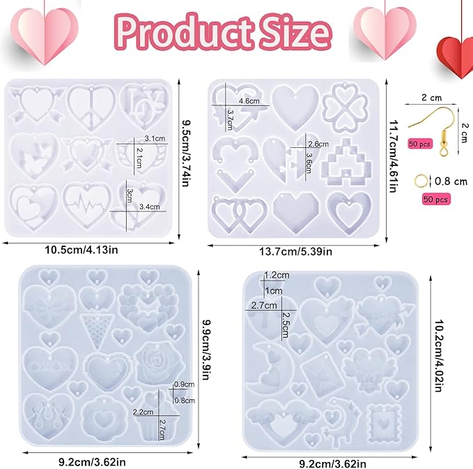 4 Pack Heart Resin Earring Molds Love Heart Flower Shape Earring Silicone Molds for Mother's Day Epoxy Casting UV Resin Molds with 200 Earring Hook kit for DIY Crafts Jewelry Making Keychains Pendant