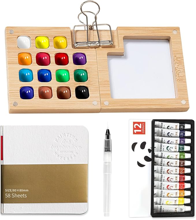 Mini Watercolor Paint Set Pocket Artist Watercolor Travel Set with Mini Paint Palette,Brushes, 12 Colors, Watercolor Sketchbook for Artists Painters Students(Bamboo)