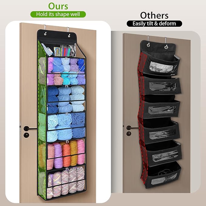 KEEGH Hanging Yarn Storage Organizer with 6 Zipper Closure Compartments, Large Capacity Crochet Storage Organizer, Over the Door Yarn Holder for Knitting Needles, Crochet Hooks, Clear Black