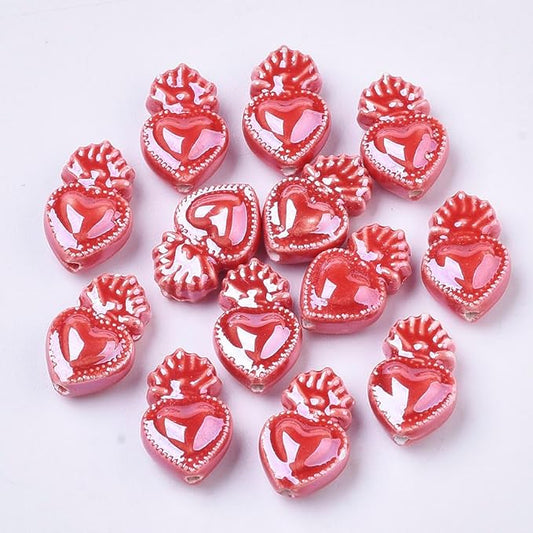 20Pcs Porcelain Ceramic Heart Beads, Bright Glazed Dark Red Porcelain Loose Spacer Beads for DIY Necklaces Bracelets Crafts Supplies