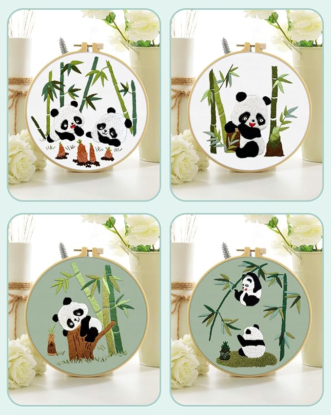ERKOON 4 Sets Embroidery Kit for Beginners, Animal Cross Stitch Set for Adult Include Embroidery Cloth Hoops Threads for Craft Lover Hand Stitch (Panda)