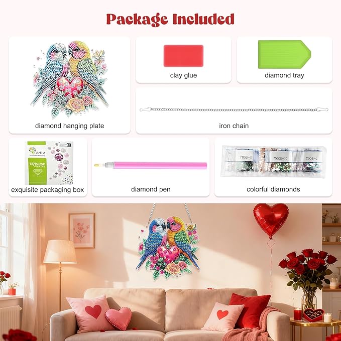RICUVED Birds Diamond Art Hanging Kit for Adult, Special Shaped Diamond Painting Pendant Board Kit, Valentine's Day 5D Art Suncatchers Hanging Acrylic Window Ornament for Home Garden Decor
