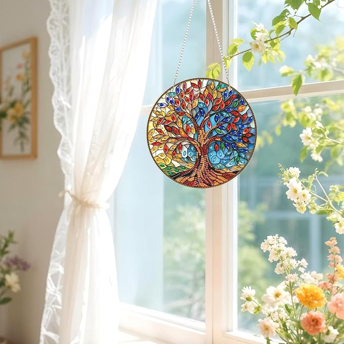 Lxmsja DIY Stained Glass Tree of Life Diamond Painting Hanging Ornament, Double-Sided Acrylic Colorful Leaves Diamond Art Kit, Special Shaped Suncatcher Hanging Pendant Window Art Kit