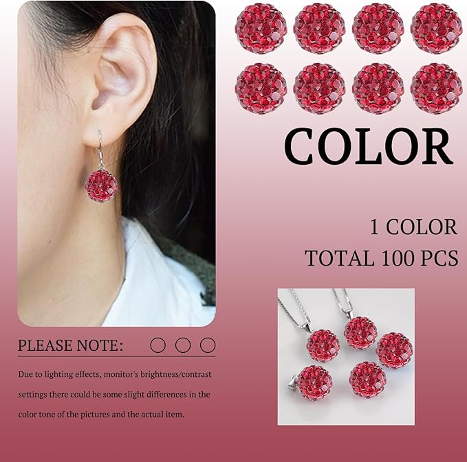 10mm Grade A Rhinestone Beads for Baseball Necklace-Round Disco Ball Beads Rhinestone Clay Bead for Earring Jewelry Making,Necklace Bracelet,DIY Craft Supplies(100 pcs Crimson)