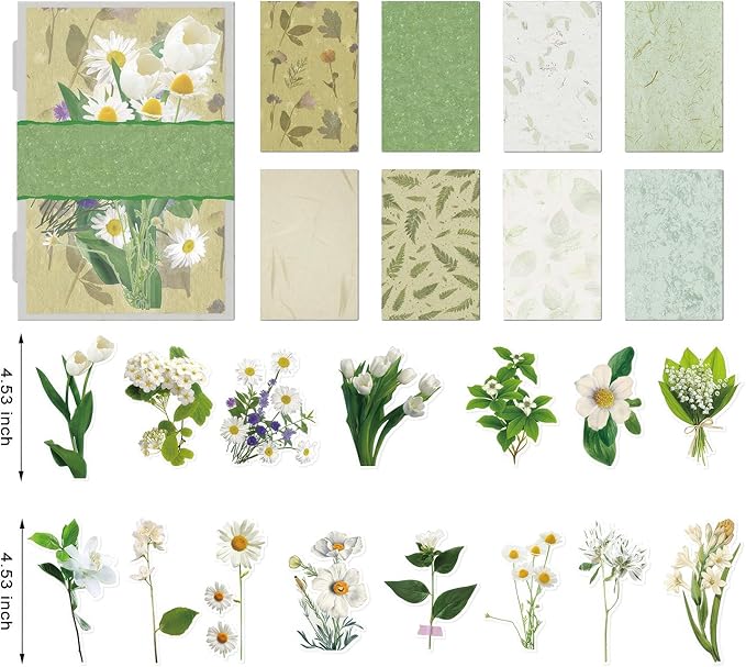 Teozeqe 31 PCS Premium Flower Scrapbook Kit – Big Realistic Floral PET Stickers & Vintage Paper for DIY Crafts, Bullet Journals & Scrapbooking 3 x 4.7 (the Green Shadow is in Bloom)