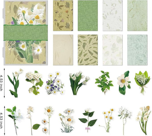 Teozeqe 31 PCS Premium Flower Scrapbook Kit – Big Realistic Floral PET Stickers & Vintage Paper for DIY Crafts, Bullet Journals & Scrapbooking 3 x 4.7 (the Green Shadow is in Bloom)