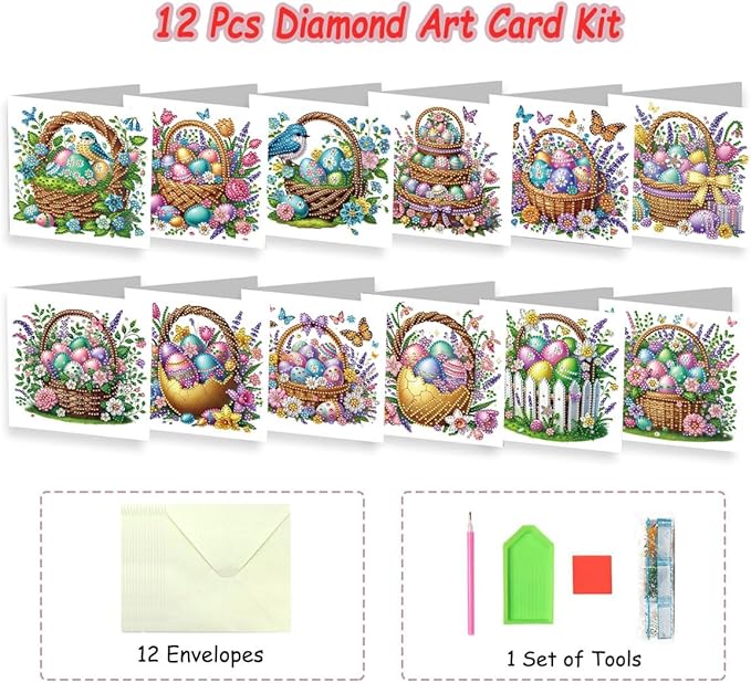 12 Pack 5D DIY Diamond Painting Greeting Cards Kit, Diamond Art Easter Cards with Envelope, Easter Crafts for Adults (Easter Eggs)