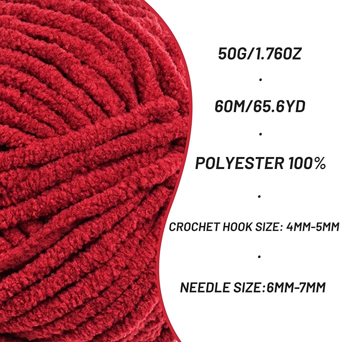 Plush Chenille Chunky Crochet Yarn - Baby Yarn for Crocheting Soft - Velvet Yarns Knitting for Blankets Crafts - Fluffy Amigurumi Yarns 50g / 65.6yd (Burgundy