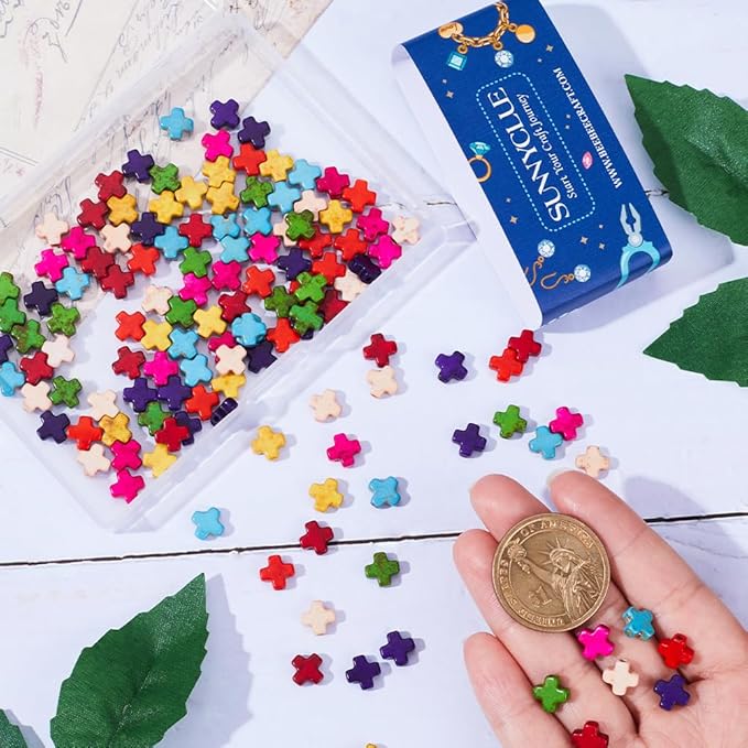 SUNNYCLUE 1 Box 250Pcs Cross Beads Mini Small Colorful Cross Charms Bulk Easter Synthetic Turquoise Stone Cross Bead Tiny Pocket Crosses Crucifix Loose Spacer Beads for Jewelry Making Kits Adult