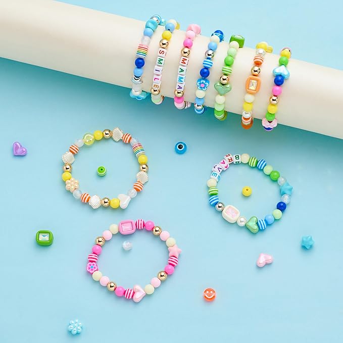 minimissmianyc 594pcs bead bracelet making kit for kids,colorful pony beads pearl shell flower evil eyes star carft friendship bracelet necklace jewelry making supplies kit gifts for boys girls women