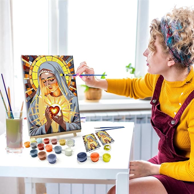 JOOZ Virgin Mary Paint by Numbers Kit for Adults with Frame Religion Paint by Number with Easel Adult Paint by Number Kits Framed Canvas Oil Painting Kits for Home Wall Decor 8x12 Inch