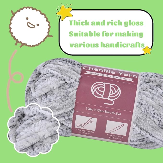 LUNARM Chenille Yarn for Crocheting Knitting, 3 Skein 10.58 oz / 263 Yard Thick Soft Chunky Fluffy Weaving Plush Yarn for Blankets Clothes Pattern with Big Eye Needles(Gray Ink Gradient)
