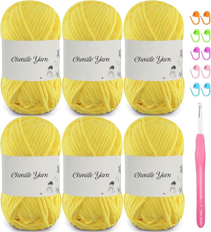 SIMEIQI 6 Pack of 1.76oz Chenille Yarn for Crocheting,60yards Soft Fluffy Velvet Yarn, Ideal Crochet for DIY Baby Blankets Toys Scarves Throw Pillows Hats Cushions(Yellow)