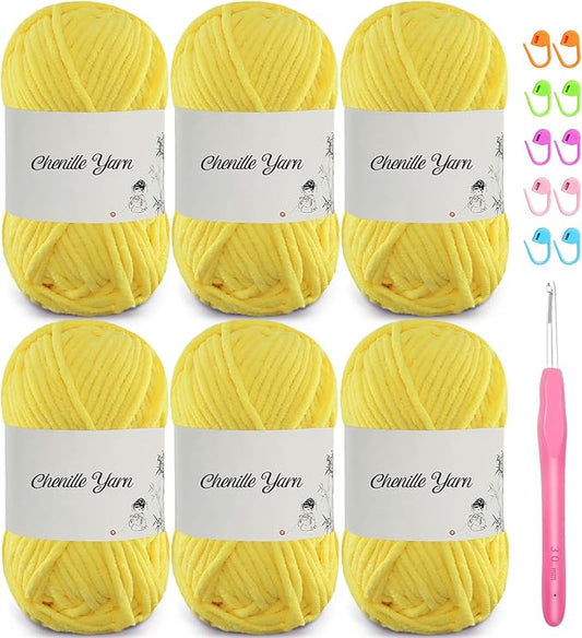 SIMEIQI 6 Pack of 1.76oz Chenille Yarn for Crocheting,60yards Soft Fluffy Velvet Yarn, Ideal Crochet for DIY Baby Blankets Toys Scarves Throw Pillows Hats Cushions(Yellow)
