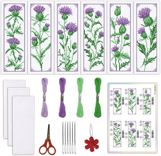 ORIGACH 6 Set Cirsium Cross Stitch Bookmark Kit for Beginners Include Cotton Thread, Aida Cloth, Backing Felt and English Instructions, Embroidery Bookmark Kit for Book Lovers