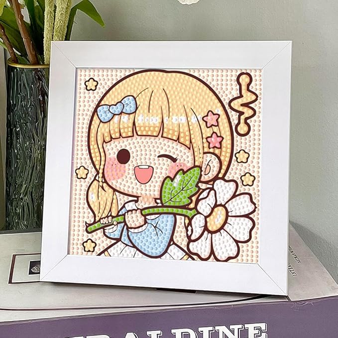 PERFECTSIGHT Cute 5D Diamond Art Kits with Wooden Frame, Kawaii DIY Painting Art for Adults, Diamond Arts and Crafts Sets, Big Gem Full Drill Diamond Dots for Women Beginners (Yellow Girl)