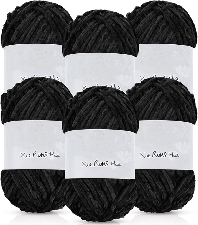 Amylove 6 Rolls Soft Velvet Chenille Yarn for Crocheting 1182 Yards Polyester Blanket Fuzzy Thick Yarn for DIY Knitting Bulky Weaving Crafts, 197 yd, 3.53 oz Each Roll(Black)