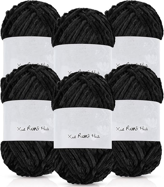Amylove 6 Rolls Soft Velvet Chenille Yarn for Crocheting 1182 Yards Polyester Blanket Fuzzy Thick Yarn for DIY Knitting Bulky Weaving Crafts, 197 yd, 3.53 oz Each Roll(Black)