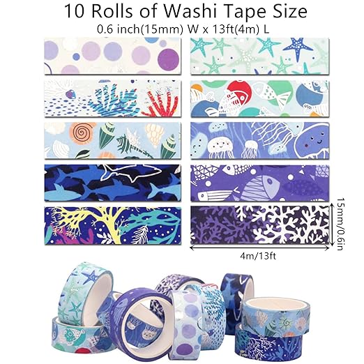 Blue Ocean Washi Tape Set 10 Rolls Bronzing Sea Decorative Masking Tapes for Scrapbooking, Journal, Planner, DIY Crafts, Gift Wrapping