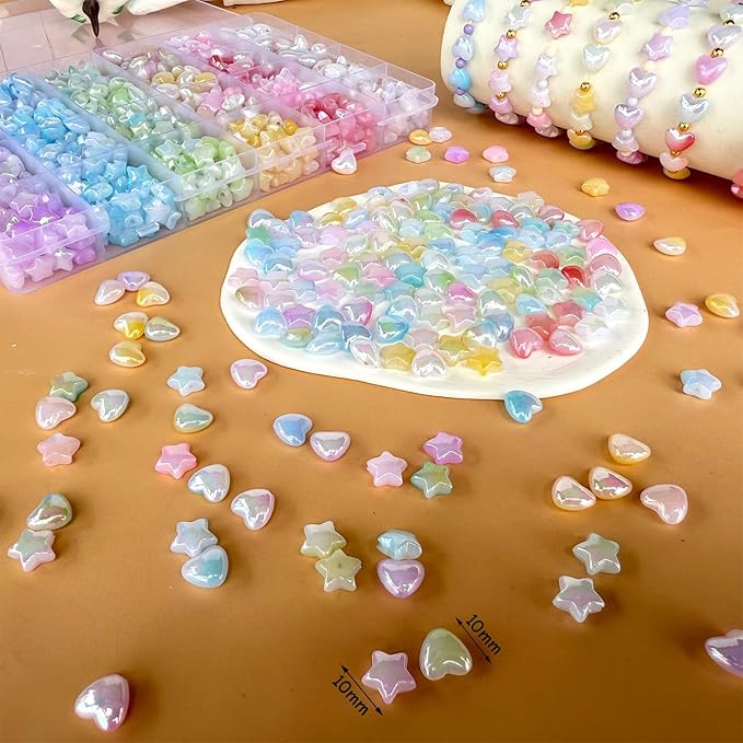 1000Pcs Acrylic Star Beads Hart Beads for Bracelet Jewelry Making, ABS Cute Acrylic Pastel Bead Colorful Assorted Aesthetic Rianbow Kawaii Bead Bulk for Bracelet DIY Craft Earring Phone Charm