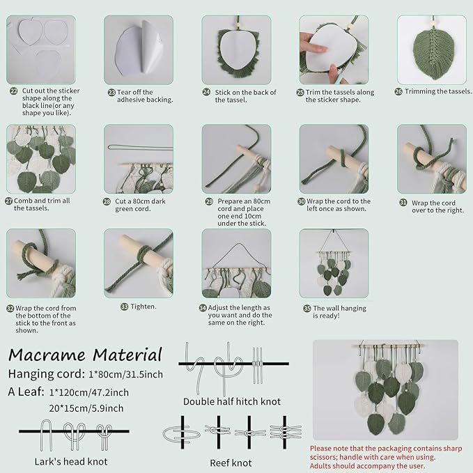 Crystalberry Large DIY Macrame Leaf Wall Hanging Kit 20.4in × 15.7in Bohemian 13 Green Leaves Decor DIY Craft Woven Yarn Tapestry for Living Room Bedroom