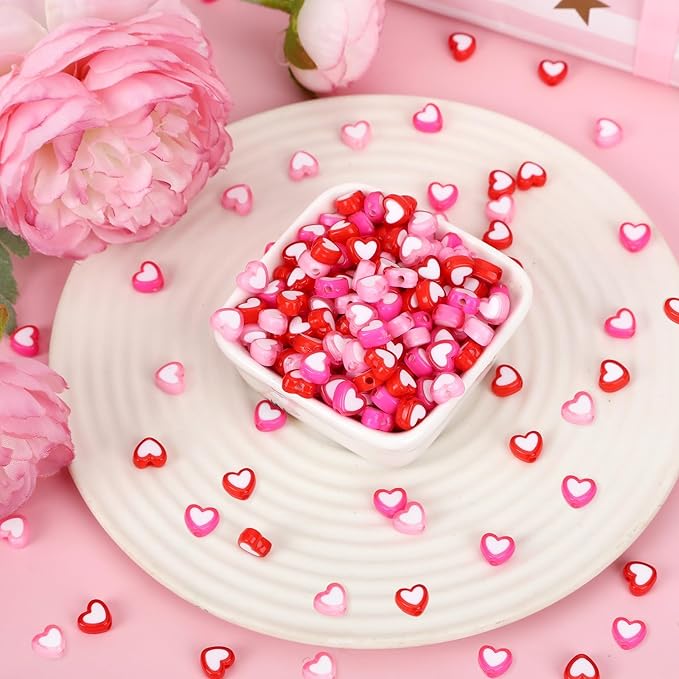 Augshy 700Pcs Heart Beads,Valentines Day Red Pink Heart Pony Beads for Jewelry Making Party Decoration Necklace Bracelets Earrings Hair Beads DIY Crafts Supplies