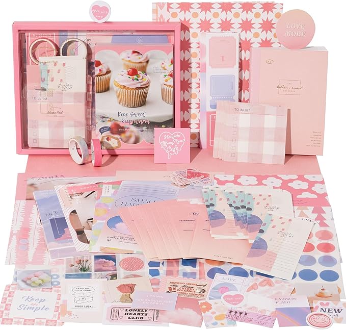 joychoic 348 pcs pink scrapbook supplies kit, dessert junk journal, scrapbooking and journaling materials, large aesthetic collection for women, stationery arts craft, adults daily