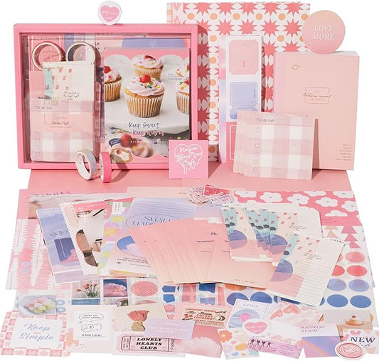 joychoic 348 pcs pink scrapbook supplies kit, dessert junk journal, scrapbooking and journaling materials, large aesthetic collection for women, stationery arts craft, adults daily