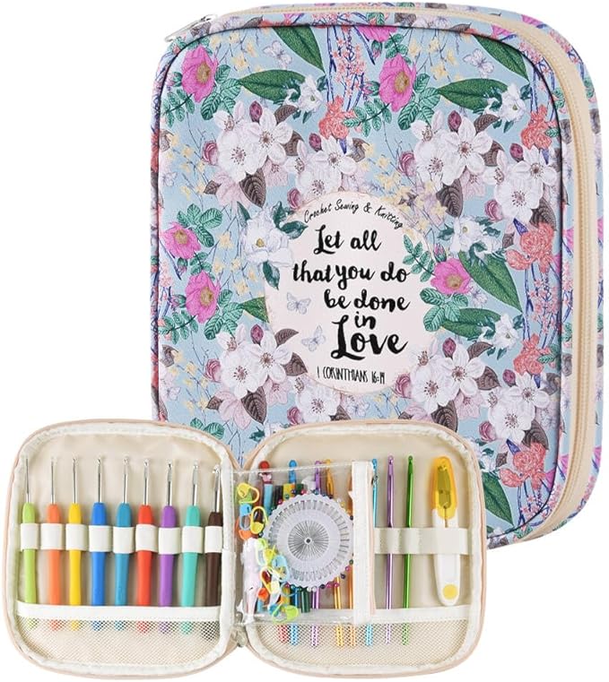 Crochet Hook Case,Portable Zipper Storage Organizer Bag for Crochet Hooks, Knitting Needles, Project & Sewing Supplies, Lightweight,Easy to Hold (No Accessories Included).Green White Flowers