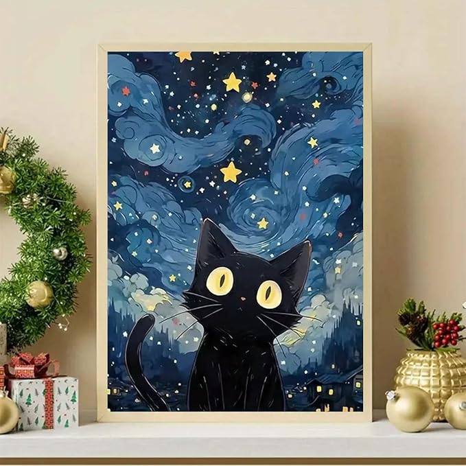 GEMFAMILY Black Cat Diamond Painting Kits for Adults, 5D Full Drill Diamond Art Kits for Beginner, DIY Paint with Diamonds Gem Art for Home Wall Decor 12 X 16inch