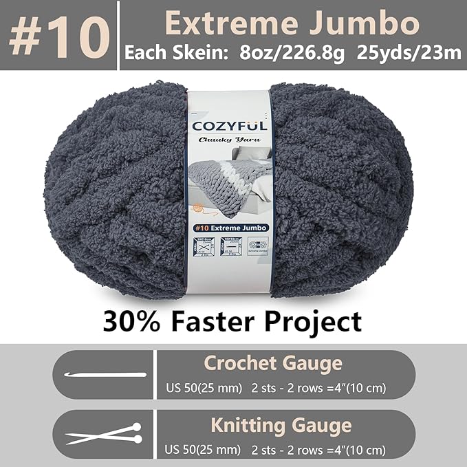Chunky Yarn for Hand Knitting - #10 Chunky Chenille Yarn, Jumbo Big Thick Chunky Yarns for Crocheting, Super Bulky Chunky Knit Blanket Yarns, 8 Skein (25 yds 8 oz Each Skein), Charcoal Grey