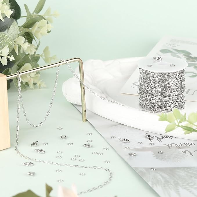 SMYHTGLIF 32.8 Feet Silver Cable Paperclip Jewelry Making Chains Stainless Steel Necklace Bracelet Chain with Lobster Clasps and Open Jump Rings for Jewelry Making