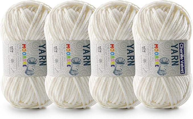 4 Pac Chenille Yarn for Crocheting - Blanket Yarn for Crocheting - Fluffy Yarn for Crochet, Baby Yarn for Crocheting Soft Blankets Weight Per Roll 50g/1.76oz, Length 60m/65yard (Milky White)