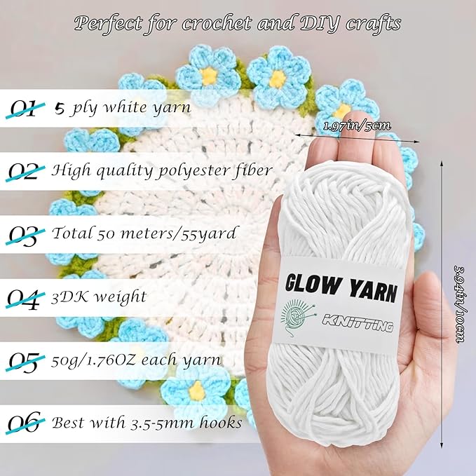 5 Rolls Yarn for Crocheting - Glow in The Dark Yarn for Crochet, Crochet Kit for Beginners, Crocheting, DIY Art, Crafts Sewing Beginners - Christmas Halloween Decorations (5PCS - White)
