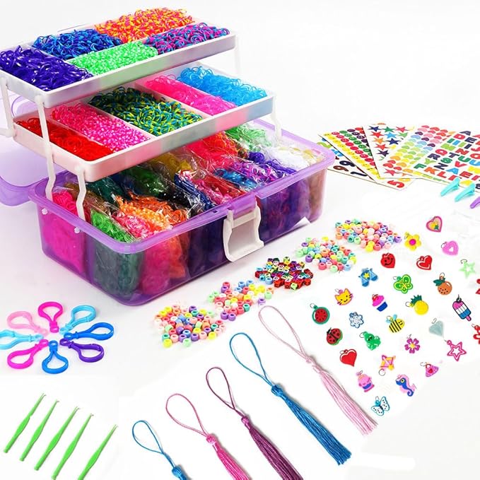 15000+ Rubber Loom Bands, Mega Rubber Bands Bracelet Kit,Loom Bracelet Making Kit with 3 Layer Container,30 Colors,380 Beads,30 Charms,Clips, Hooks Tools for DIY Art Holiday Gift