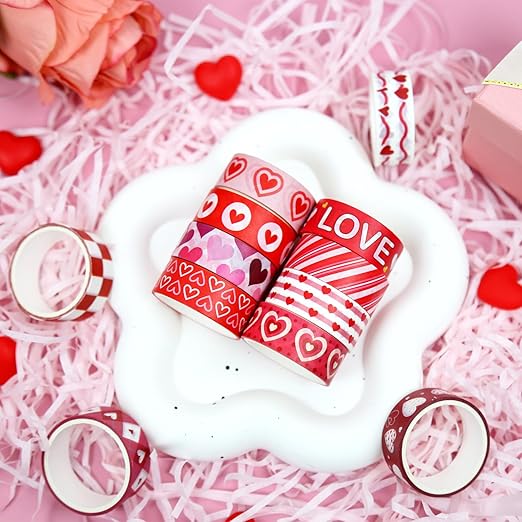 12 Rolls Love Heart Washi Tape Set, Pink Red Decorative Tape Valentine Stripe Dots Masking Tape for Journaling Supplies,Wedding Party,Junk Journal, Scrapbooking, Planner, DIY Arts & Crafts