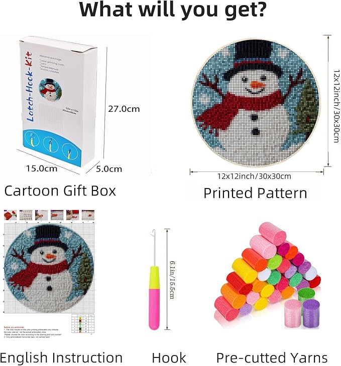 Latch Hook Rug Kit Cute Christmas Snowman with Winter Snow Easy for Beginners Round Shape Carpet Crochet Yarn Craft Mini Rug DIY Hook and Latch Little Tapestry for Home Decor 30x30cm-2