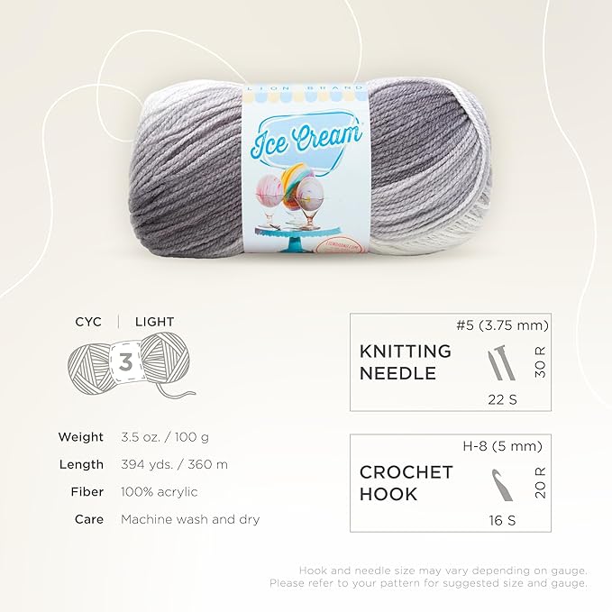 Lion Brand Yarn, Ice Cream Baby Yarn for Knitting, Crochet, and Crafts, Cookies & Cream, 3 Pack, DK Weight Colorful Acrylic Fiber for Baby Blankets, Hats, and Sweaters