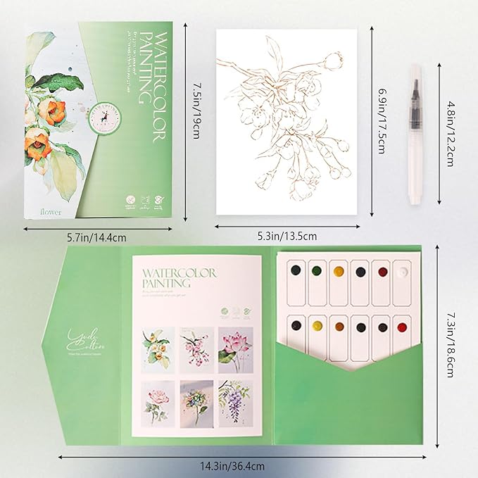 Folemah Beginner Watercolor Workbook Set with Envelope, Brushes and 12-Color Watercolor Paints, Art Supplies and Craft Tools for Teens and Adults (Half-Acre Flower Field)