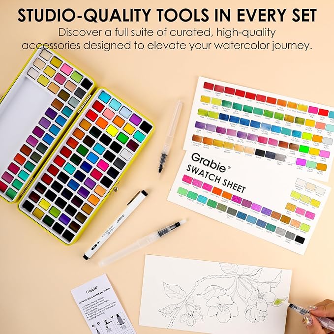 grabie 100 colors premium all-in-one watercolor paint set - 50 essential, 35 metallic, 10 pastels, 5 neon hues - portable case, brush pens, paper pad, waterproof fineliner pen, beginner & professional
