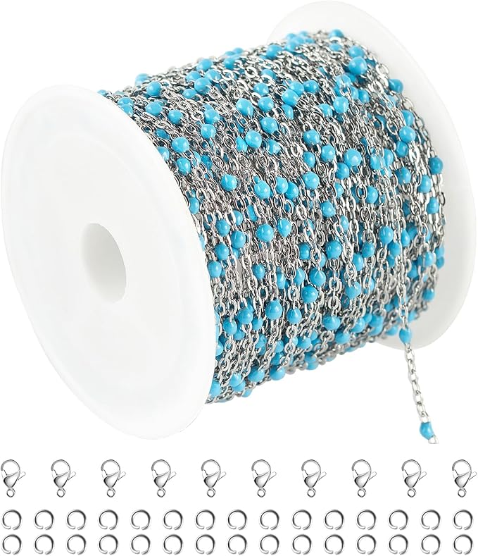 UMAOKANG 33 Feet/10M Stainless Steel Chain for Jewelry Making Light Blue Enamel Beaded Chain Bulk with Lobster Clasps and Jump Rings