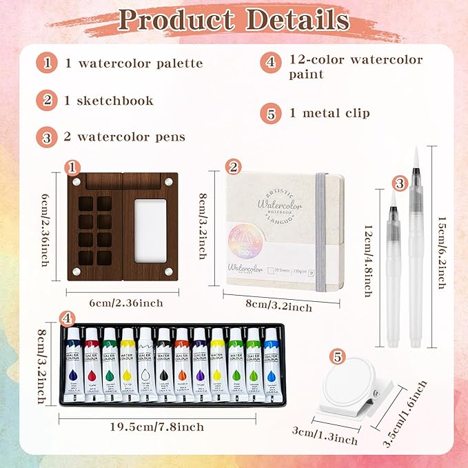 Mini Watercolor Paint Set - Mini Travel Watercolor Palette Set, Pocket Water Color Paint Palette Kit with 12 Colours, Sketchbook, Pens, Wooden Paints Box for Painters Artists