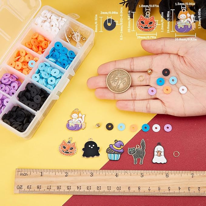 SUNNYCLUE 1 Box 996Pcs DIY 6 Set Halloween Bracelets Making Kit Polymer Clay Beads 8mm Clay Bead Pumpkin Cat Charms Heishi Beads for Jewelry Making Kits Beginners Women DIY Halloween Bracelets Gift