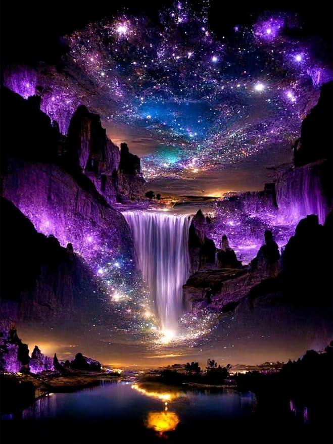 MBNTJHT Waterfall Landscape Diamond Art Kits for Adults,DIY Purple Aurora Diamond Painting Kits for Beginners,5D Full Round Drill Gem Art Painting Crafts for Home Wall Decor 12x16 Inch.