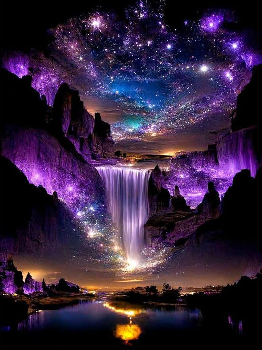 MBNTJHT Waterfall Landscape Diamond Art Kits for Adults,DIY Purple Aurora Diamond Painting Kits for Beginners,5D Full Round Drill Gem Art Painting Crafts for Home Wall Decor 12x16 Inch.