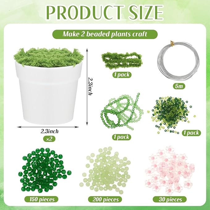 Hoolerry 2 Sets DIY Beaded Plant Kits 2.5 Inch Mini Beads and Planter Making Kit Crafts Desktop Vase Decor Green Beads Succulent Flower Kit Ornaments for Home Decor Plants Lover Handmade Gifts (White)