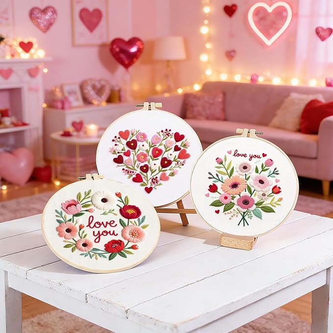 tpzbwg valentines embroidery kit, diy embroidery starter kit for adults & beginners, diy needlepoint kit with embroidery hoop thread needle for craft lover birthday gifts (valentines-4 set)