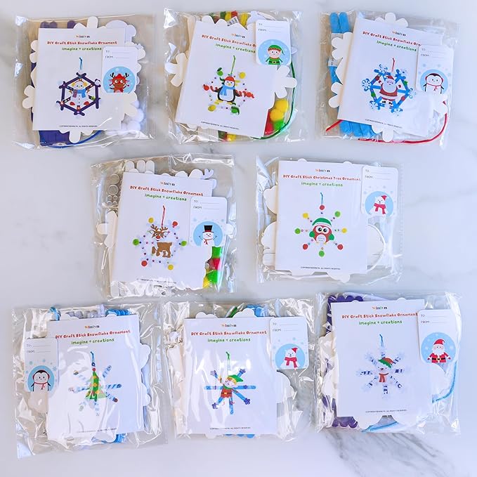 Winlyn 24 Sets Christmas Craft Kits Winter Crafts Popsicle Stick Snowflake Ornaments Decorations Art Sets Craft Stick Snowflake Christmas Stickers for Kids Holiday Classroom Activities Party Favors