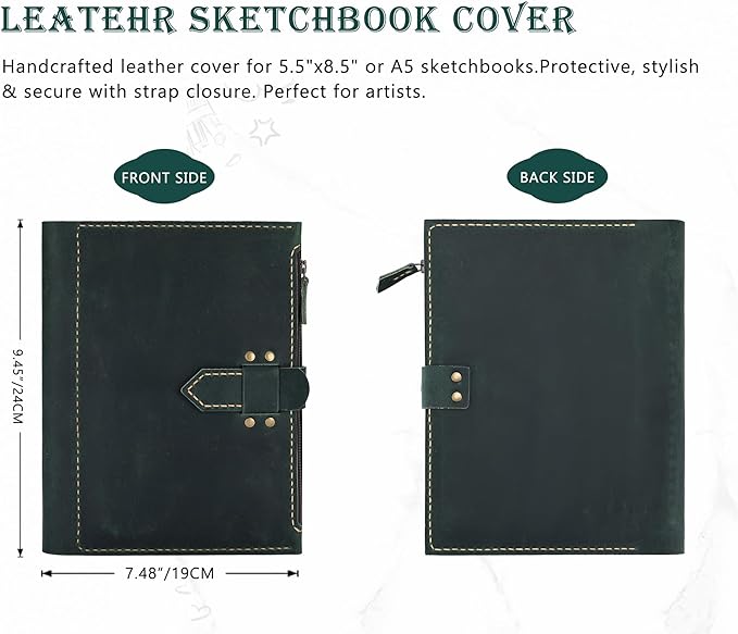 Leather Sketchbook Cover for A5/5.5"x8.5" sketch pads - Handmade Genuine Leather Artist Case with Pencil Holder & Zipper Pocket, Professional Drawing Supplies(Green, 5.5"x8.5")